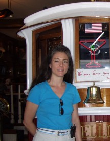 Jackie in front of Nellie at Winship Restaurant in Sausalito, Marin County, California